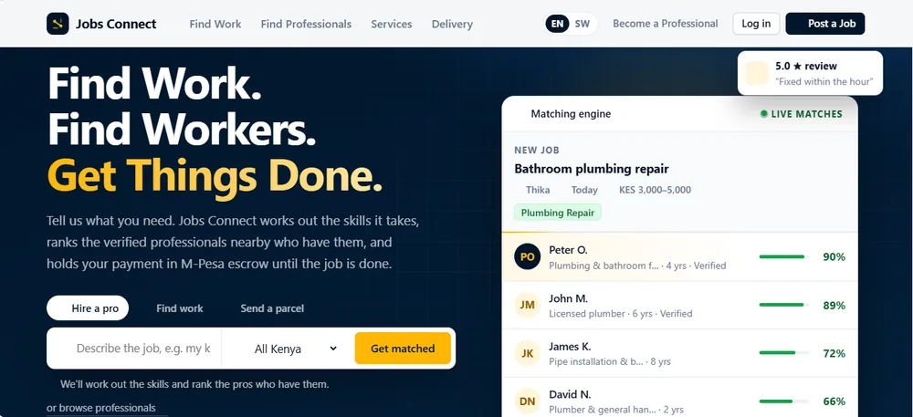Jobs Connect home page with the matching engine